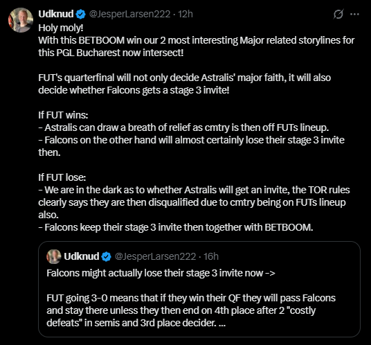 Screenshot of Udknud's post discussing FUT, cmtry, Astralis and Falcons