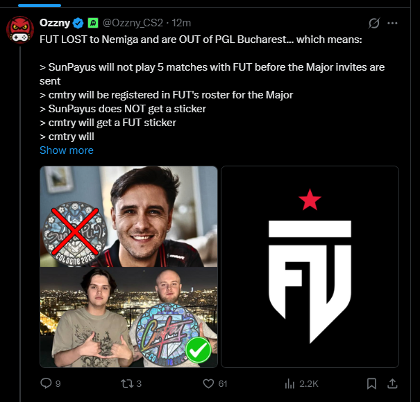 Ozzny's X post about FUT losing to Nemiga, showing cmtry, SunPayus and the FUT logo